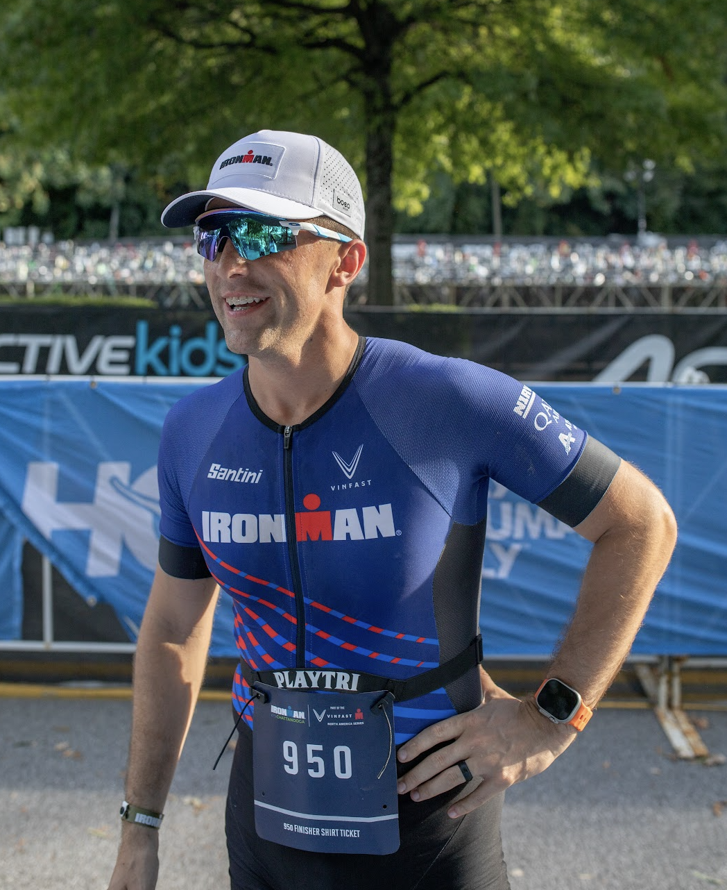 Dalton in IRONMAN race kit at the Chattanooga finish area