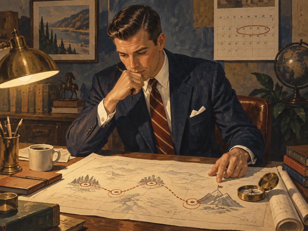 Vintage illustration of a man at a drafting table mapping out the next quarter, with a hand-drawn route, a brass compass, and a wall calendar with one week circled.